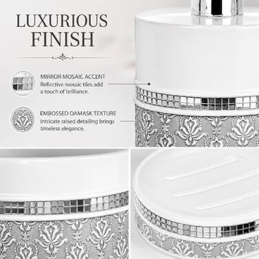 Набір аксесуарів для ванної кімнати Creative Scents Mirror Damask, 6 предметів (сірий та білий): дозатор мила, мильниця, стакан, тримач для зубних щіток, коробка для серветок, кошик для сміття