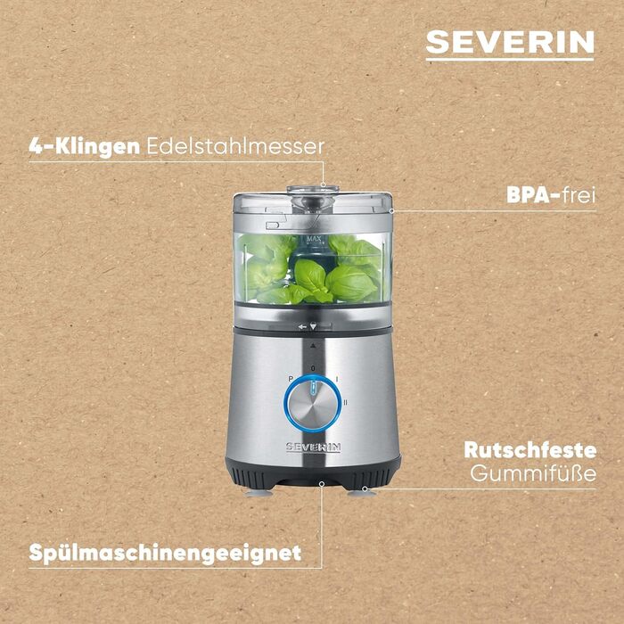SEVERIN Compact Multi-Chopper, Universal Chopper for Coarse and Fine Chopping, Food Processor with Extensive Accessories, Brushed Stainless Steel / Black, KM 3865