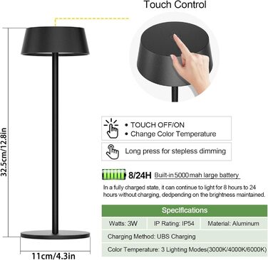 Світлодіодний акумуляторний настільний світильник Klighten з димером, сенсорний, металевий, алюмінієвий, IP54, перезаряджуваний, тепле біле світло 3000K/4000K/6000K, антрацит