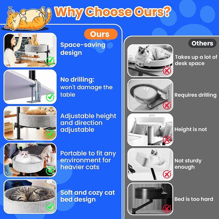 BSWAY Крісло-гніздо для кота на стіл - Покращена 360° обертання, регульована висота, без свердління. Підвищене котяче ліжко над столом. Тримає кошеня/кота близько, робочий простір вільний. Крісло-ліжко для кота на стіл (Сірий, XL)