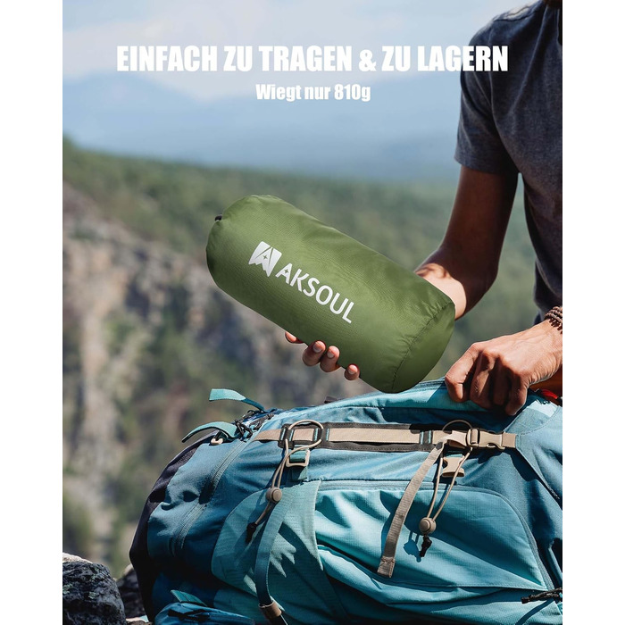 AKSOUL Килимок для кемпінгу Isomatte самонадувний: Ultraleicht, великий, туристичний, з подушкою, термо, для намету, трекінгу, пляжу, армійський, зелений