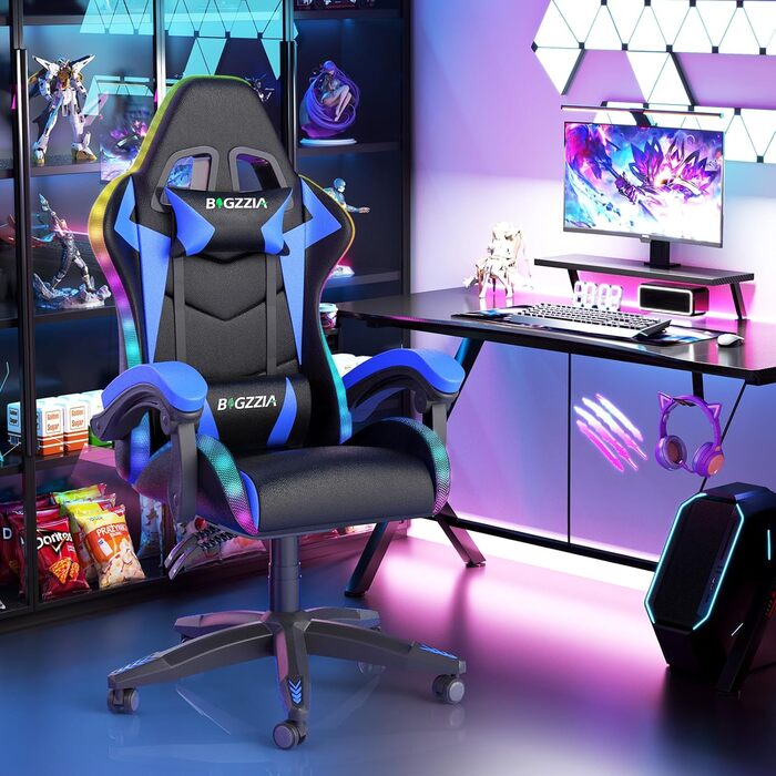 Геймерське крісло Bigzzia з RGB підсвіткою та підголівником, ергономічне крісло для комп'ютера, блакитне LED
