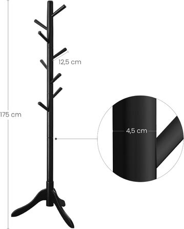 VASAGLE Coat Rack, Solid Wood Clothes Rack, Coat Stand with 8 Hooks, Tree Shape, 3 Adjustable Heights, for Coats, Jackets, Bags, for Entryway, Bedroom, RCR01GY (Black)