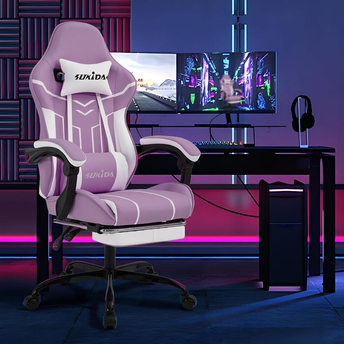 Ігрове крісло SUKIDA Ergonomic Gaming Chair з підставкою для ніг та підтримкою попереку, фіолетово-біле