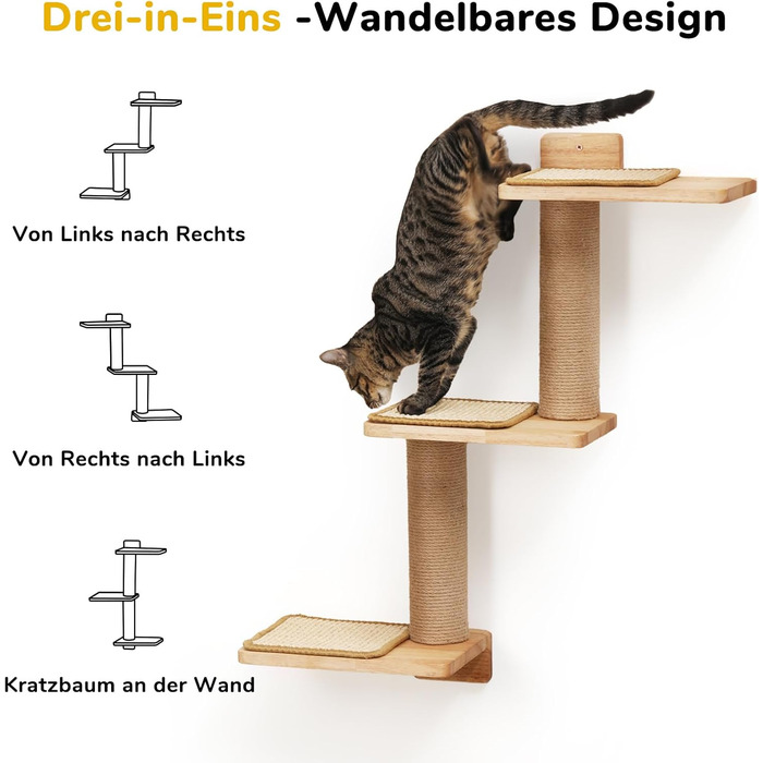 Cat Climbing Wall, Cat Shelves made of Solid Rubberwood and Jute, 3-in-1 Transformable Cat Scratching Post Wall Mounted, DIY Cat Wall/Platform, Suitable for Cats to Climb, Play, and Scratch