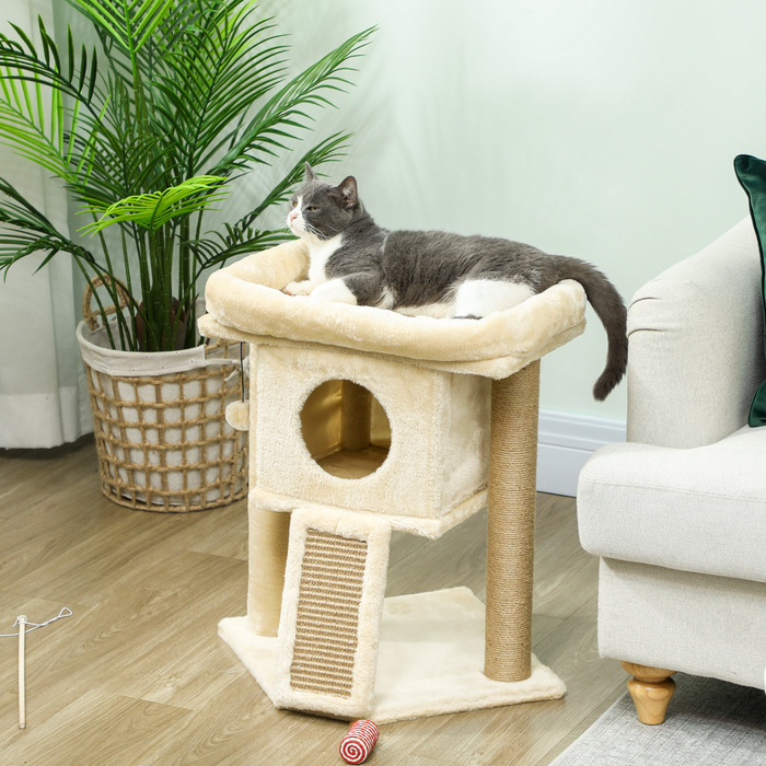 PawHut Cat Tree with Jute Scratching Mat, Lounging Platform, Play Ball, Cat House, Beige, 40 x 40 x 57 cm