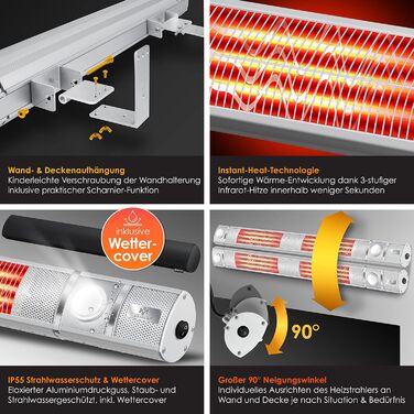 Інфрачервовий обігрівач KESSER® 3000W з LED-підсвічуванням та Wi-Fi, для тераси, кафе, бару, з пусковим пристроєм та захисним чохлом. Кварцовий настінний обігрівач (срібний)