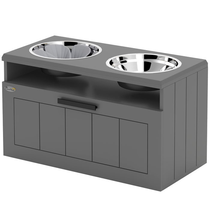 PawHut Large Dog Feeding Station with 2 Stainless Steel Bowls, Drawer, and Pet Food Dispenser - MDF, Steel, Gray