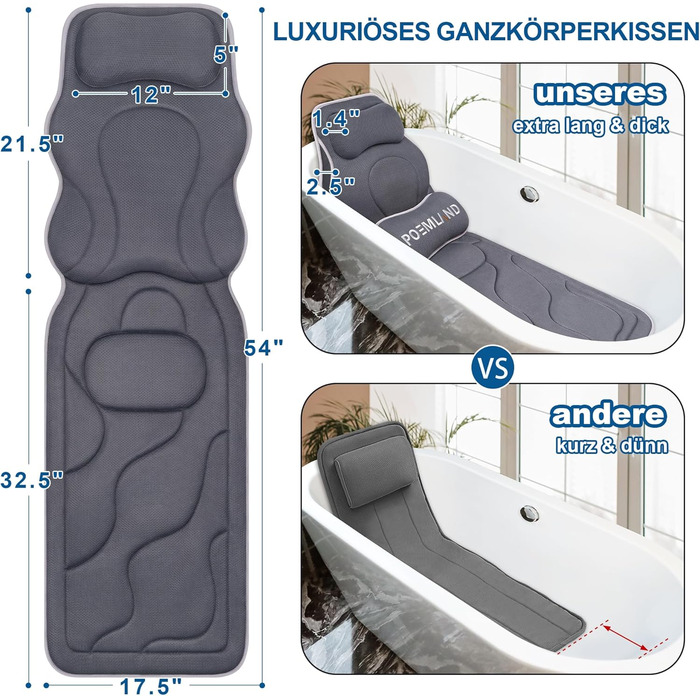 Подушка для ванни Luxus Dicke з м'яким наповнювачем: підтримка голови, шиї та плечей для комфортного розслаблення. Аксесуар для спа, сірий колір.