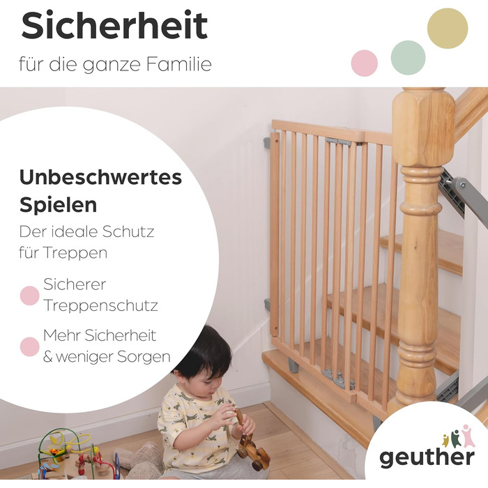 Захист для сходів Geuther Oris | Дверний замок для сходів з кріпленням, ширина 67-95 см | Дверний замок з розсувною дверцятами | Дерев'яне дитяче захисне ворота, натуральний лак 67-95 см