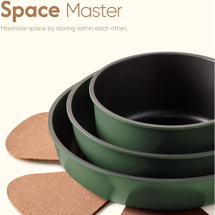 Набір посуду Carote 18 предметів темно-зеленого кольору з керамічним антипригарним покриттям для індукційних плит, знімні ручки, безпечний (PFOA-free), термостійкий, компактне зберігання