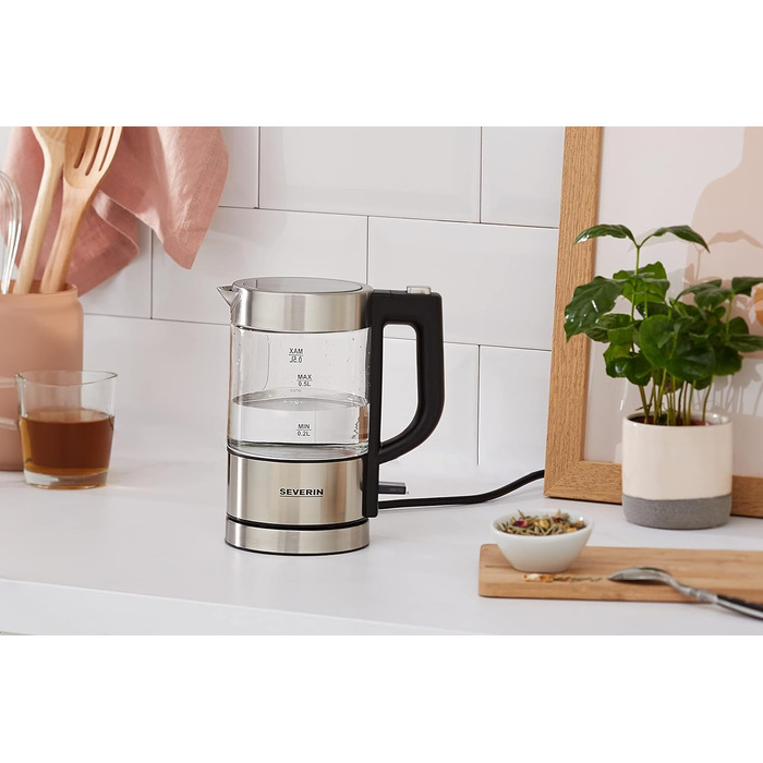 SEVERIN Mini Glass Kettle 0.5 L, powerful and compact with a high-quality design, electric kettle with scale filter, stainless steel/black, WK 3472