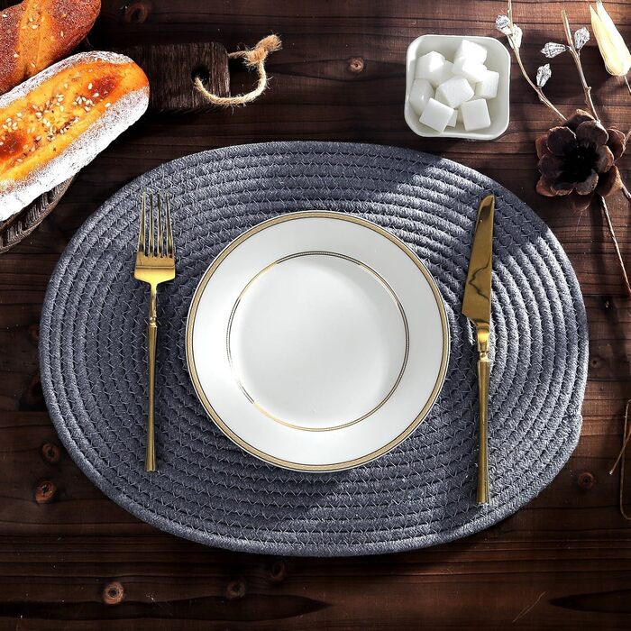 Fanquare Oval Woven Placemats Set of 6 Dark Grey Cotton Rope Braided Placemats Heat Resistant Washable Non-Slip Table Mats for Kitchen Dining Table, Home Decoration 30x40cm