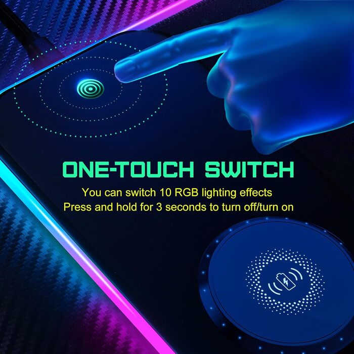 Ігровий килимок для миші RGB з бездротовою зарядкою Qi 15W, 800x350x4мм, 10 режимів підсвічування, швидка зарядка 10W для iPhone та навушників, водонепроникний, протиковзаючий (Чорний-Max)