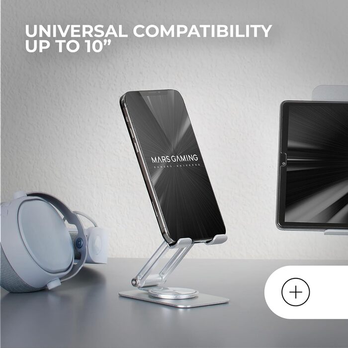 Підставка для ноутбука та планшета Mars Gaming MA-RSN, до 17 дюймів, регулювання висоти та кута нахилу, 360° обертання, сталева конструкція, неслизькі підкладки, складана портативна конструкція, сріблястий колір
