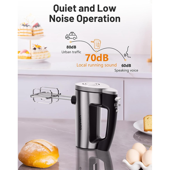 Електричний міксер VINATO 300W з 6 швидкостями, 2 насадки (венчик та гак) | Для тіста, яєць, збивання вершків, випічки | Потужний, захист від перегріву (чорний)