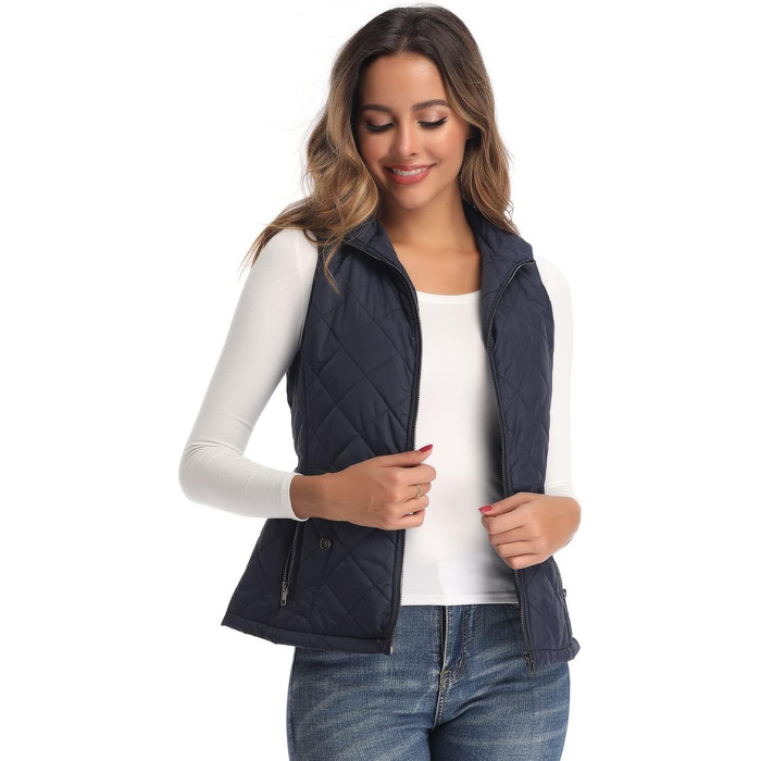 Жіноча жилетка LONGKING: легка, з коміром-стійкою, стьобана, без рукавів, синього кольору