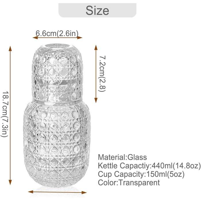 Vintage Water Carafe, Nightstand Water Carafe and Glass Set, Carafe with Glass Beaker for Nightstand, Thick Glass Mouthwash Decanter for Bedroom, Guest Room, Bathroom, Kitchen, 440ml (Transparent)