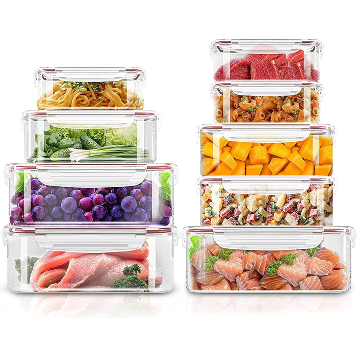 Набір контейнерів KICHLY 24 шт. з кришками: для зберігання продуктів, Meal Prep, вилка-free, герметичні, морозильні, BPA-free, кухонні, органайзери (червоний, 18 шт.)