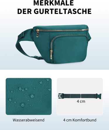 Сумка на пояс для жінок та чоловіків, стильна, з 4 кишенями на блискавці та регульованим ремінцем, ідеальна для подорожей та піших прогулянок (Patent Pending), колір: бірюзовий