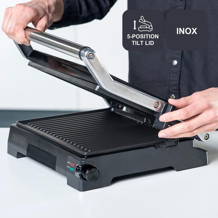 Електричний гриль та контактний гриль Black+Decker BXGR2200E 2-в-1, 2200W, 29x23 см, LCD-дисплей, регулювання температури та часу