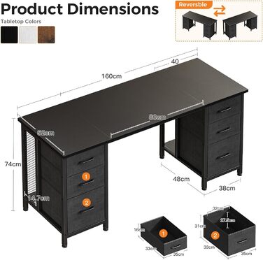 Комп'ютерний стіл Coleshome з 6 висувними ящиками, 160x52 см, з полицями для дому та офісу (чорний)