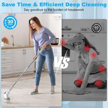 Electric Cleaning Brush, Electric Spin Scrubber Cordless with 8 Interchangeable Brush Heads, 3 Speed, Adjustable Handle, LED Display Electric Brush for Bathroom, Kitchen, Car, Tiles