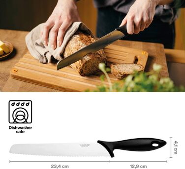 Ніж для хліба Fiskars Essential з хвилястим лезом, 23 см, пластик/нержавіюча сталь, чорний/сріблястий