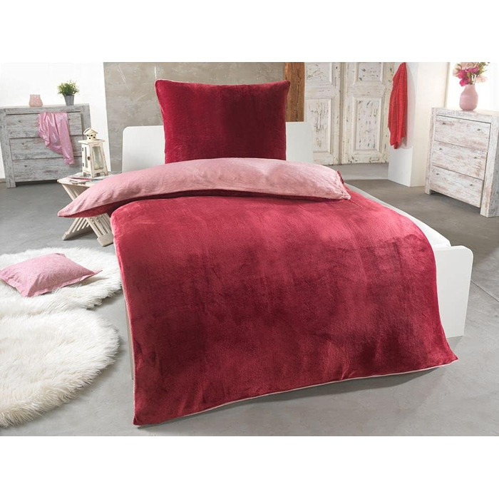 Комплект постільної білизни DreamHome Winter Wende з плюшем, 135x200, Nicky-Teddy, Cashmere Touch, кораловий фліс, колір: бордово-рожевий