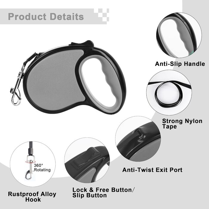 Висувна поводок для собак, 5 м, для собак маленьких та середніх порід до 25 кг, антизаплутування, міцний нейлоновий поводок (рожево-білі крапки) (сірий)