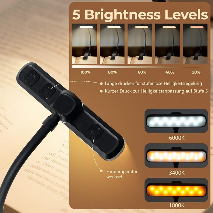 LED лампа для читання з кріпленням, 24 світлодіоди, регульована яскравість, 3 режими температури кольору, USB-C, гнучкий поворот на 360°, захист очей, для дорослих та дітей