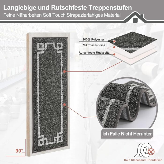 Килимочки на сходи BEQHAUSE, 4 шт., самоклеючі, для дітей, літніх людей та домашніх тварин, 100% поліестер, TPE-підкладка, 22x70 см, темно-сірий