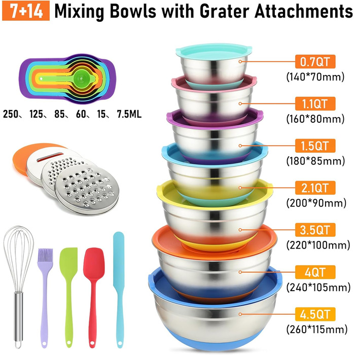 Набір місок для перемішування BEWOS 7 шт. з кришкою, нержавіюча сталь, набір місок з терткою, вкладна конструкція, кольорові нековзні дна, об'єм 4.3, 3.8, 3.3, 2, 1.4, 1, 0.7 л для змішування та подачі