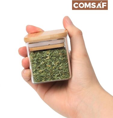 Набір скляних баночок для спецій ComSaf, 12 шт, квадратні, 120 мл, з дерев'яною кришкою та етикетками, для спецій, цукру, кавових зерен