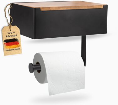 Pandonix Stainless Steel & Bamboo Toilet Paper Holder with Wet Wipe Dispenser - No Drill Installation - Black