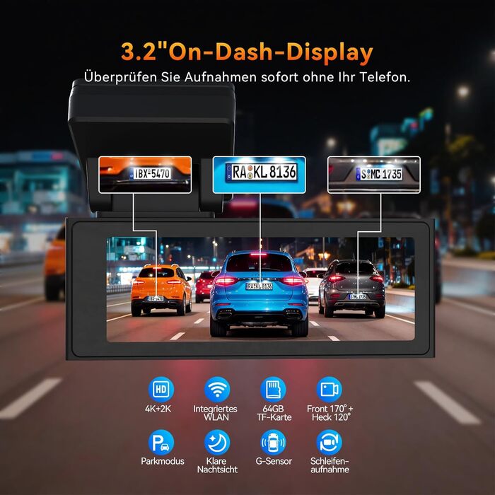 Автомобільний відеореєстратор 4K+2K з WiFi 5GHz, передня та задня камери, 64GB карта пам'яті, кут 170°, нічний режим WDR, дисплей 3.2