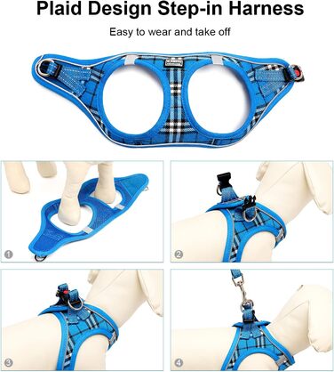 Шлейка для собак Suredoo для маленьких і середніх порід, анти-тяга, дихаюча, з поводом (M, 34-39см; XL, 46-53см, 8-10.5кг), блакитна в клітинку