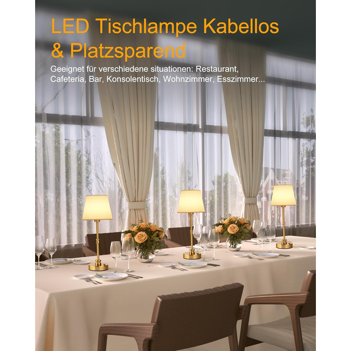 LED настільна лампа EppieBasic бездротова, торшер з торканням, регулювання яскравості, акумулятор 5200mAh, тепле світло 2700K, бронза, для спальні, вітальні, ванної кімнати