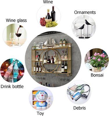 Стильна металева вітрина для вина на стіну, 3-ярусна, золото (140x15x80 см)