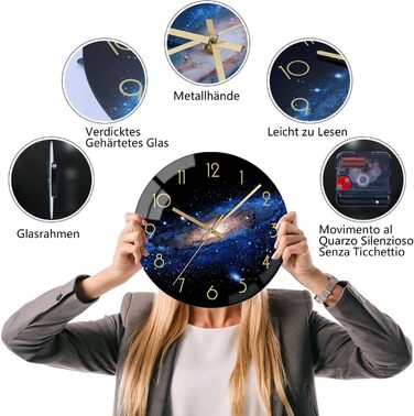 VIKMARI Glass Wall Clock Silent-Non Ticking Wand Clocks - Quality Quartz Battery-Operated Round 12 Inch (Night Sky Pattern)