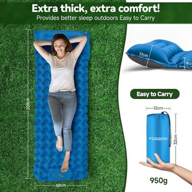 Надувний килимок для кемпінгу Isomatte 9 см, 200x68 см, з подушкою, водонепроникний, синій - для туризму, пляжу, намету
