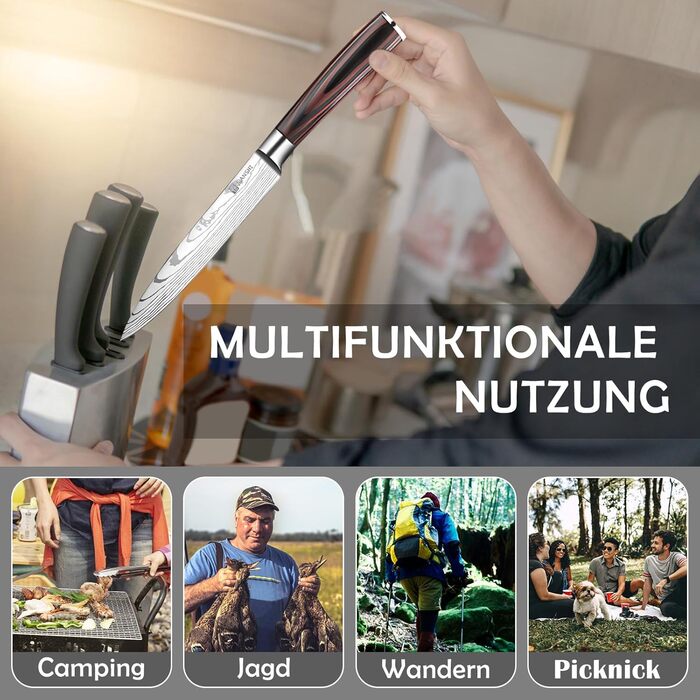 Японський ніж JUANSHI® 13 см - універсальний професійний кухонний ніж з ручкою з пакахвуду, високоякісний вуглецевий нержавіючий сталь, 2024227