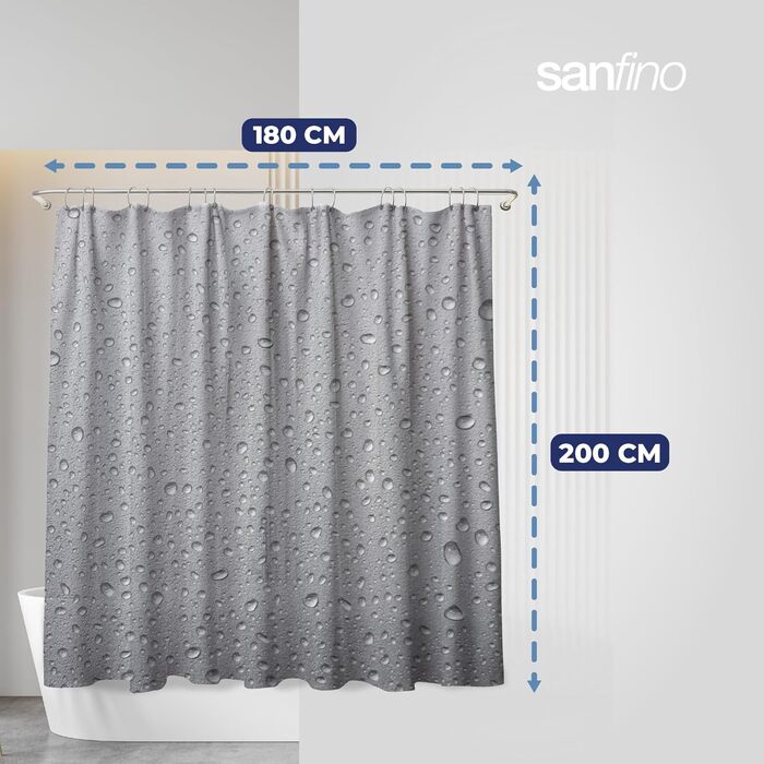 Штора для душу 180x200 см Grey Splash: Водонепроникна текстильна штора з антибактеріальним покриттям та кільцями (12 шт.) - Сірий