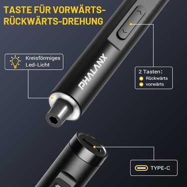 PHALANX 60-в-1 Міні Електродриль з LED-підсвічуванням, Магнітний, з Регульованим Моментом - Для Ремонту Мобільних Пристроїв, Комп'ютерів, Годинників, Окулярів, Планшетів