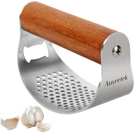 Пресс для часнику з нержавіючої сталі з дерев'яною ручкою, великий, для миття в посудомийній машині, преміум-якість