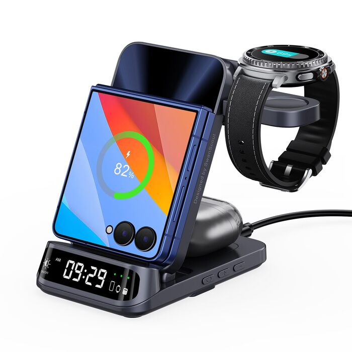 Бездротова зарядна станція 3-в-1 SwanScout 708F для Samsung Galaxy Z Flip 7/6/5/4/3, Galaxy Watch 8/7/6/5/4 та Galaxy Buds 3/2 Pro, індукційний зарядний пристрій (без адаптера)