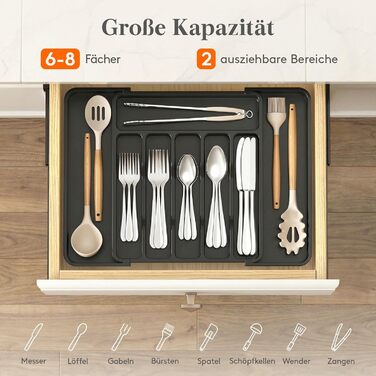 Органайзер для столових приборів Lifewit в шухляду, розсувний, чорний, 6-8 відділень, 35-49 см