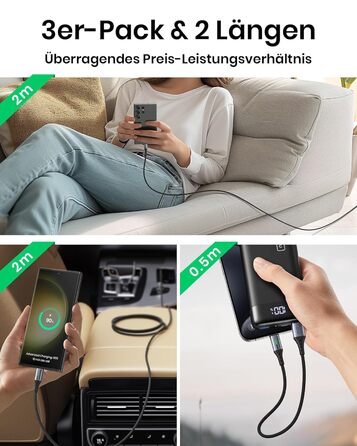 Кабель USB-C INIU, 3 шт. (2м+2м+0,5м), 3.1A, з LED-підсвічуванням, нейлон, для Samsung, iPhone, Pixel, iPad, MacBook