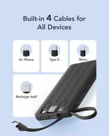 Power Bank VRURC 10000mAh з 4 кабелями, портативний акумулятор USB-C для iPhone/Huawei/Samsung, LED-дисплей, 5 виходів, чорний