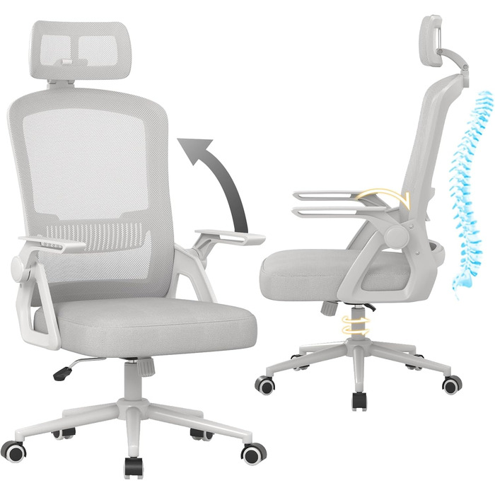 Офісний крісло Naspiro Ergonomic, регульована висота, поворотне, з дихаючою спинкою з сітки, відкидні підлокітники на 90°, підтримка попереку, щільна піна, для дому/офісу (Сірий-1, з підголовником)